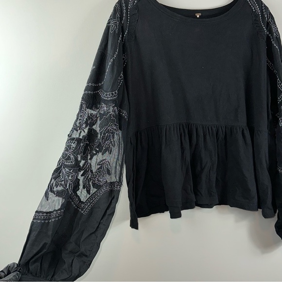 Free People Black Embroidered Sleeve Penny Shirt - Picture 2 of 9